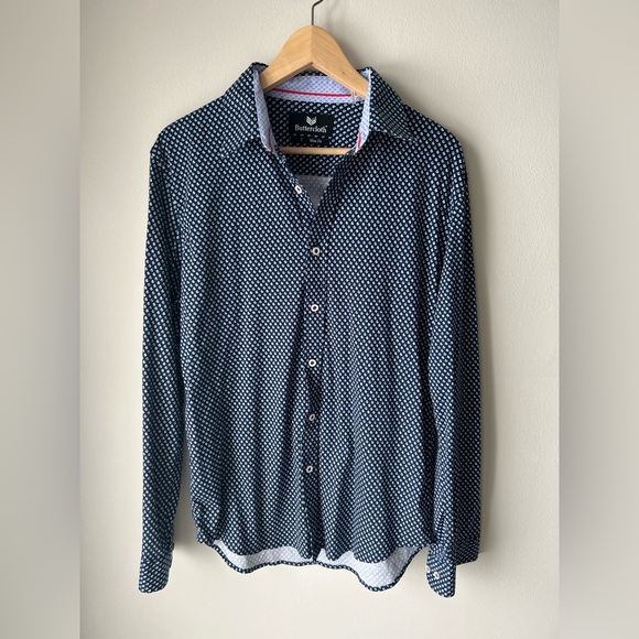 BUTTERCLOTH Men’s Slim Fit Button Down Shirt Size Large Raindrop Print Stretch - Picture 2 of 7